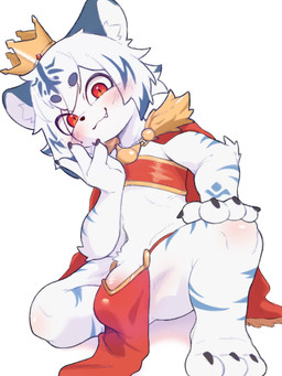 3_toes 4_fingers anthro arm_tuft aroused bent_leg black_claws black_nose blue_body blue_fur blue_markings blush blush_lines bottomwear bulge cape circle_eyebrows claws clothing crown cute_fangs elbow_tuft eyebrows fangs feet fingers fur fur_trim_(clothing) genitals hair half-erect headgear humanoid_genitalia humanoid_penis inner_ear_fluff kneeling loincloth looking_at_viewer male markings mostly_nude navel penis presenting pubes red_bottomwear red_cape red_clothing red_eyes red_loincloth shota simple_background sitting smile solo spread_legs spreading striped_markings stripes teeth tenting toe_claws toes translucent translucent_hair tuft white_background white_body white_fur young young_anthro young_male yes_white06 azura_safir bengal_tiger felid mammal pantherine tiger 3:4 digital_media_(artwork) hi_res