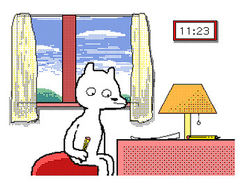 anthro clock cloud curtains curtains_open eyeless eyes_closed holding_object inside male musical_note musical_symbol pencil_(object) red_tongue sitting sky sleeping smile startled symbol teeth text tongue wall_clock window writing_utensil keke_(artist) ambiguous_species mammal 4:3 animated english_text low_res