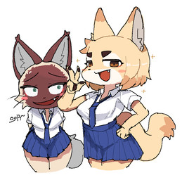 4_fingers anthro black_text blonde_hair blue_bottomwear blue_clothing blue_necktie blue_skirt bottomwear breasts brown_eyebrows brown_eyes brown_pawpads cheek_tuft clothed clothed_anthro clothed_female clothing collared_shirt cute_fangs dress_shirt duo eyebrows facial_tuft fangs female female/female female_anthro fingers grey_tail hair hand_on_hip inner_ear_fluff necktie open_mouth open_smile pawpads rosy_cheeks school_uniform shirt simple_background skirt smile sparkles tail teeth text thick_eyebrows topwear tuft uniform whiskers white_background white_clothing white_shirt white_topwear tofffffu felid feline mammal 2025 digital_media_(artwork) korean_text portrait three-quarter_portrait