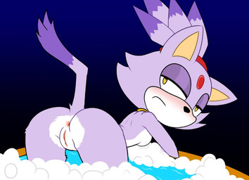 anthro anus bathing bathtub bent_over big_butt black_nose blue_background blush breasts butt dipstick_tail female forehead_gem fur gem genitals looking_at_viewer looking_back looking_back_at_viewer markings nude partially_submerged pink_anus purple_body purple_fur rear_view simple_background small_breasts solo standing_in_water tail tail_markings vulva water white_body white_fur yellow_eyes weirdotterdream sega sonic_the_hedgehog_(series) blaze_the_cat domestic_cat felid feline felis mammal