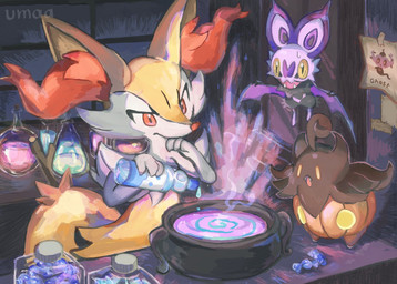 bodily_fluids candy cauldron dessert fangs food fur grey_body grey_fur inner_ear_fluff membrane_(anatomy) membranous_wings multicolored_body open_mouth orange_body orange_eyes orange_fur potion potion_bottle purple_body purple_fur rare_candy stick sweat teeth tuft white_body white_fur wings yellow_body yellow_fur yellow_sclera oisisabatugun nintendo pokemon braixen canid canine generation_6_pokemon mammal noibat phantump pokemon_(species) pumpkaboo 2025 hi_res signature