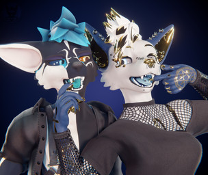 anthro black_body black_clothing black_fur black_hair blue_body blue_fur blue_hair blue_mouth clothing duo ear_piercing facial_piercing fangs female finger_in_mouth fishnet_top fur gold_nose hair heterochromia male male/female nose_piercing orange_eyes piercing tattoo teeth white_body white_fur white_hair snowey canid canine mammal 3d_(artwork) digital_media_(artwork) hi_res