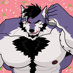 ^_^ abs anthro areola armpit_hair barazoku biceps big_muscles big_pecs black_hair bodily_fluids body_hair brown_areola brown_nipples can chest_tuft container crushing_can crushing_object ear_piercing ear_ring eye_scar eyes_closed facial_scar food fruit gold_(metal) gold_ear_ring hair happy_trail holding_can holding_container holding_object lip_scar male muscular muscular_anthro muscular_male nipples notched_ear pattern_background peach_(fruit) peach_pattern pecs piercing plant ring_piercing scar simple_background smile solo tears tuft bearry19 ghost_(opsychowolfo) canid canine canis mammal wolf 1:1 2025 absurd_res hi_res