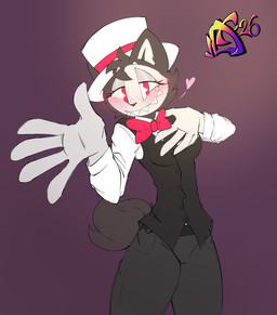 anthro bottomwear bow_tie clothed clothing female hat headgear headwear heart_symbol red_eyes sharp_teeth solo teeth top_hat topwear waitress_uniform white_sclera vytelux labubu hi_res