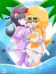 anthro big_breasts bikini blonde_hair breasts clothing duo female genitals grey_hair hair purple_body purple_skin pussy ribbons swimwear two-piece_swimsuit cranebear cherry_(mlock) jessica_young_melis domestic_cat felid feline felis mammal 3:4 absurd_res hi_res