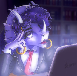 3_horns accessory anthro business_suit clothing computer detailed_background ear_piercing ear_ring electronics eyelashes female fingers frill_(anatomy) hair horn inside laptop multi_horn necktie piercing purple_body purple_eyes purple_hair purple_scales ring_piercing scales short_hair sitting snout solo suit bessledno cavemanon_studios goodbye_volcano_high ko_op_(game_developer) snoot_game trish_(gvh) ceratopsian ceratopsid chasmosaurine dinosaur marginocephalian ornithischian prehistoric_species reptile scalie triceratops 2024 absurd_res digital_drawing_(artwork) digital_media_(artwork) hi_res