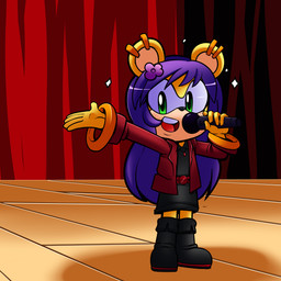 anthro clothed clothing curtains ear_piercing electronics female fur green_eyes hair microphone performing piercing purple_hair singing smile solo stage uniform yellow_body yellow_fur young superbunnygt archie_comics sega sonic_the_hedgehog_(archie) sonic_the_hedgehog_(comics) sonic_the_hedgehog_(series) mina_mongoose herpestid mammal mongoose 1:1 digital_media_(artwork) hi_res