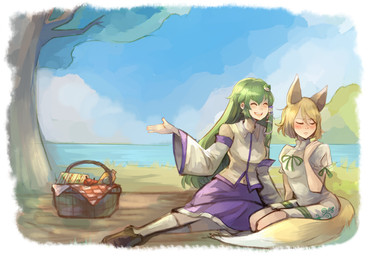 armwear basket bedding blanket blonde_hair blue_bottomwear blue_clothing blue_skirt blush bottomwear brown_clothing brown_footwear brown_shoes clothing container detached_sleeves dipstick_ears dipstick_tail duo ear_markings embarrassed eyes_closed female female/female footwear green_hair hair happy lake markings multicolored_ears outside picnic plant shirt shoes sitting skirt tail tail_markings topwear tree white_clothing white_shirt white_topwear yellow_tail lunie_(lunaros) touhou sanae_kochiya tsukasa_kudamaki animal_humanoid canid canid_humanoid canine canine_humanoid fox_humanoid human humanoid mammal mammal_humanoid absurd_res hi_res