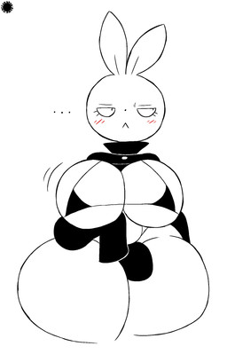 anthro big_breasts blush blush_lines bottom_heavy bra breasts bulge clothing curvy_figure ellipsis exposed_breasts eyelashes fur gynomorph half-closed_eyes hand_on_breast intersex logo long_sleeves motion_lines narrowed_eyes solo spherical_breasts sweater text thick_thighs thong topwear turtleneck underwear white_body white_fur wide_hips thatdawgmurray brandon_the_blank_bunny lagomorph leporid mammal rabbit aliasing artist_logo artist_name digital_media_(artwork) hi_res signature