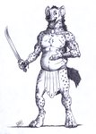 0laffson 2024 anklet anthro armor belt biped bracelet claws digitigrade ear_piercing ear_ring fangs fingers fur graphite_(artwork) hi_res holding_melee_weapon holding_object holding_sword holding_weapon hyena jewelry leather leather_armor looking_aside male mammal markings melee_weapon monochrome necklace open_mouth open_smile pawpads paws pencil_(artwork) piercing pteruges ring_piercing scar signature simple_background smile solo spots spotted_body standing sword tail teeth traditional_media_(artwork) vambrace weapon white_background