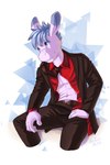 anthro bottomwear business_suit clothing gradient_background male necktie pants red_clothing simple_background sitting solo suit triangle_(shape) white_background leo-artis aggretsuko netflix sanrio tadano_(aggretsuko) asinus donkey equid equine mammal 2022 absurd_res hi_res