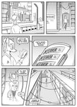 absurd_res anthro canid canine cellphone city city_background cityscape clothed clothing comic dialogue door electronics english_text fox hi_res inner_ear_fluff inside kif_yppreah kifyun2 male mammal monochrome outside phone shelf simple_background smartphone solo speech_bubble text tuft warehouse