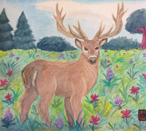 antlers beady_eyes brown_body brown_fur feral flower fur horn male male_feral nature nature_background plant side_view sky solo standing tail tree puku83 deer mammal 2016 painting_(artwork) traditional_media_(artwork) watercolor_(artwork)