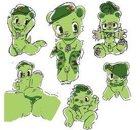 anthro army_hat army_uniform blush buckteeth dog_tags erection flaccid genitals green_body male nipples penis simple_background solo teeth undressing_self white_background young voltybee happy_tree_friends flippy_(htf) bear mammal model_sheet