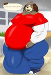 anthro balls_outline belly big_belly big_bulge big_muscles bulge detailed_bulge genital_outline huge_belly huge_bulge huge_hips huge_muscles hyper hyper_bulge lifting_belly male musclegut muscular solo text wide_hips alythewolfcat animal_crossing nintendo digby_(animal_crossing) canid canine canis domestic_dog mammal shih_tzu toy_dog english_text hi_res