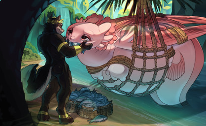 3_fingers 4_fingers anthro armband arms_tied back_wings basket beach belly black_body black_fur bound captured container countershading detailed_background duo feederism female feral fin fingers fish_in_mouth fishing_net folded_wings force_feeding forced fur gills gold_(metal) gold_jewelry jewelry leaf leaf_crown legband male membrane_(anatomy) membranous_wings net overweight overweight_feral paws pink_body pink_eyes rope sea seaside tail tail_fin tapering_tail water waterfall white_body white_countershading wings wings_tied yellow_eyes rivashell mythology ammy_(fatxolotl) eroclese_(eroclesead) amphibian axolotl canid canine canis dracolotl dragon fish mammal marine mole_salamander mythological_creature mythological_scalie salamander scalie wolf hi_res shaded soft_shading