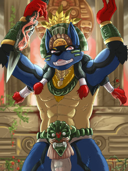 abs anthro aztec black_nose blue_body blue_fur bottomwear clothed clothed_anthro clothed_male clothing fur knife loincloth male multicolored_body multicolored_fur muscular muscular_male solo tan_body tan_fur teeth two_tone_body two_tone_fur baroque_(artist) nintendo pokemon generation_4_pokemon lucario pokemon_(species) 3:4
