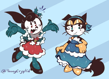 1920s_theme anthro duo eyelashes female female/female half-closed_eyes hand_on_hip hand_on_own_hip mistletoe narrowed_eyes open_mouth open_smile plant smile text toonycryptid eliza_(toonycryptid) nancy_paws_(toonycryptid) bat domestic_cat felid feline felis mammal artist_name digital_drawing_(artwork) digital_media_(artwork) signature