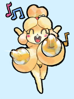 anthro areola big_areola big_breasts big_nipples blonde_hair blush breasts clothing eyes_closed female hair huge_breasts hyper hyper_breasts musical_note musical_symbol nipples open_mouth solo symbol thong underwear yellow_areola yellow_nipples darksydeup animal_crossing nintendo isabelle_(animal_crossing) canid canine canis domestic_dog mammal shih_tzu toy_dog hi_res