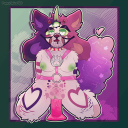 3_eyes anthro blush breasts dildo female fur green_eyes harness horn multi_eye muzzle_(object) muzzled pink_body pink_fur purple_body purple_fur riding riding_dildo sex_toy solo psychedelipup puppyspice420 canid canine domestic_cat felid feline felis hybrid mammal 1:1 animated hi_res loop