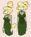 anthro big_breasts black_clothing black_dress black_lipstick blonde_hair breasts clothing dress female fur hair jewelry lipstick looking_away makeup narrowed_eyes necklace short_hair side_view simple_background solo yellow_body yellow_fur bbravaa animal_crossing nintendo isabelle_(animal_crossing) canid canine canis domestic_dog mammal shih_tzu toy_dog colored hi_res