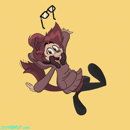 4_fingers anthro barbell_piercing bent_leg black_eyebrows black_eyewear black_glasses black_knee_socks brown_clothing brown_hair brown_hoodie brown_nose brown_tail brown_topwear clothed clothed_anthro clothed_female clothing eyebrows eyelashes eyewear female female_anthro fingers glasses hair hoodie light long_hair looking_at_viewer midair open_mouth open_smile piercing rectangular_glasses red_ear_piercing red_tongue simple_background smile smiling_at_viewer solo straight_leg tail tan_body tan_skin text tongue topwear yellow_background starburst_uwu canid canine mammal 1:1 2022 artist_name colored digital_drawing_(artwork) digital_media_(artwork) english_description hi_res lighting shaded