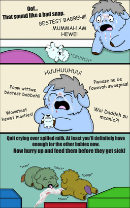 abuse ambiguous_feral ambiguous_gender animal_abuse blood blood_from_wound blood_on_face blue_body blue_fur bodily_fluids brown_tail crying dialogue dying feral fur gore green_body green_fur grey_hair hair inside licking licking_blood lifting_another lying milk milk_on_face on_front purple_tail simple_background suffering tail tears text tongue tongue_out toy_block white_body white_fur white_tail worried wounded young young_ambiguous young_feral roadkill_(fc) fluffy_pony fluffy_pony_(species) mammal 2025 5:8 absurd_res broken_language cel_shading comic digital_drawing_(artwork) digital_media_(artwork) english_text hi_res shaded