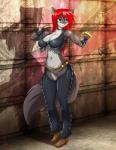 anthro big_breasts biped blue_eyes blush boots brass_knuckles breasts choker cleavage clothed clothing female fluffy fluffy_tail footwear graffiti hair jewelry melee_weapon necklace red_hair shirt shoes solo standing tail thong topwear underwear weapon matypup luka_cross canid canine canis mammal wolf 2012 hi_res