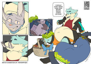 anthro anthro_pred anthro_prey basket belly big_belly blue_body blue_fur blue_internal container duo eyes_closed feet_first fur grey_body grey_fur inside_stomach male male/male oral_vore rumbling_stomach simple_background speech_bubble text vore white_background white_belly highdarkyeen isohak23 canid canine canis lagomorph leporid mammal rabbit wolf comic english_text hi_res watermark