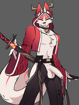 anthro asian_clothing balls bell bell_collar biped bodily_fluids cheek_tuft chest_tuft clothed clothing collar east_asian_clothing eyes_closed facial_tuft foreskin front_view fur fur_tuft furgonomics genital_fluids genitals glans grey_background haori head_tuft hooded humanoid_genitalia humanoid_penis japanese_clothing leaking_precum leg_tuft male melee_weapon open_bottomwear open_clothing open_topwear penis pose precum scabbard simple_background solo sword tassels topwear tuft unretracted_foreskin unzipped unzipped_pants weapon white_balls white_body white_fur white_penis zipper jaybeyyy canid canine fox mammal 2025 3:4 digital_drawing_(artwork) digital_media_(artwork) hi_res