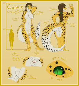 animal_genitalia anthro big_breasts big_tail black_sclera border breasts casual_nudity cloaca dreadlocks female genitals horizontal_cloaca multi_genitalia non-mammal_breasts nude solo tail text thigh_gap vulva yellow_border vader-san connie_savannah eublepharid gecko leopard_gecko lizard reptile scalie hi_res model_sheet