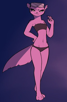 3_toes anthro bandeau barefoot breasts clothing ear_piercing ear_ring eyewear feet female fur green_eyes looking_at_viewer panties paws piercing ring_piercing simple_background slim small_breasts small_waist smile solo toes topwear underwear eggnog_(artist) brand_new_animal studio_trigger marie_itami mammal mink mustelid musteline true_musteline