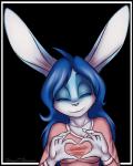 5_fingers anthro blue_body blue_fur blue_hair breasts clothed clothing female fingers front_view fur hair heart_symbol long_hair pink_nose simple_background smile solo standing sweater topwear transparent_background white_body white_fur mancoin foxyverse lilly_sallaris lagomorph leporid mammal rabbit 2017 alpha_channel digital_media_(artwork) hi_res portrait signature