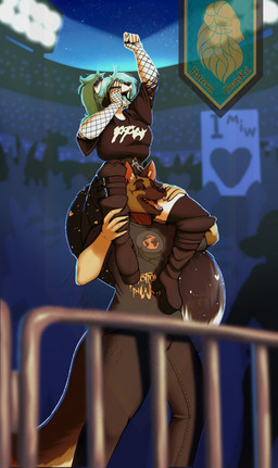 anthro blue_hair carrying_another clothing concert crowd female gate group hair happy male male/female on_shoulders raised_arm stadium yelling goatykai border_collie canid canine canis collie domestic_dog herding_dog mammal pastoral_dog sheepdog digital_media_(artwork) distracting_watermark hi_res watermark