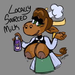 2_horns 4_fingers anthro apron areola arms_bent baker big_areola big_breasts black_clothing black_eyelids black_shirt black_topwear blue_bottomwear blue_clothing blue_skirt blush blush_lines bodily_fluids bottle bottomwear breasts brown_areola brown_body brown_fur brown_hair brown_nipples brown_tail brown_tail_tuft closed_smile clothing container dialogue exposed_breasts eyelashes female female_anthro fingers fur green_apron green_clothing green_eyes hair half-closed_eyes hat headgear headwear holding_bottle holding_container holding_object horn lactating light milk mouth_closed narrowed_eyes nipples no_pupils partially_clothed_anthro partially_clothed_female shirt short_hair skirt smile smiling_at_viewer solo tail tail_tuft talking_to_viewer tan_horn text topwear tuft white_clothing white_hat white_headwear copybara cookie_haus jackbox_games the_jackbox_party_pack moonique_(cookie_haus) bovid bovine cattle mammal 1:1 2025 artist_name colored_sketch digital_drawing_(artwork) digital_media_(artwork) english_description english_text half-length_portrait hi_res lighting portrait sketch