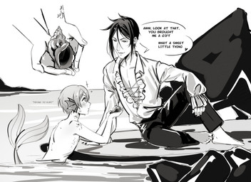 adolescent alternate_form alternate_species black_hair bottomwear clothed clothed_human clothed_male clothing duo ear_fins fin fully_clothed fully_clothed_human fully_clothed_male hair male male_human male_humanoid nude_humanoid nude_male pants seashell shell shirt sitting split_form tail tail_fin text topwear water young young_humanoid young_male uneasywolf black_butler ciel_phantomhive sebastian_michaelis human humanoid mammal marine merfolk absurd_res english_text hi_res