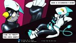 anthro bdsm bondage boots bound breasts clothing female floating_hands footwear latex male mask shoes solo suiting text nx-42 deltarune undertale_(series) queen_(deltarune) tasque_manager accipitrid accipitriform avian bird felid feline mammal absurd_res english_text hi_res