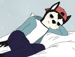 anthro blush bottomwear clothing fur half-closed_eyes hat headgear headwear hoodie looking_at_viewer lying male narrowed_eyes on_side pants pillow shirt smile smirk solo topwear young aussiecuno cartoon_network summer_camp_island max_(sci) bat mammal 4:3 hi_res