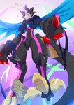 anthro black_body black_sclera cape claws clothing feet hoodie horn low-angle_view male solo talons toes topwear wings paradox_ian paradoxian bandai_namco digimon digimon_(species) gulusgammamon scalie absurd_res hi_res