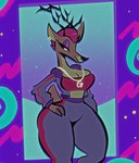 abstract_background anthro antlers big_breasts bottomwear breasts brown_body brown_fur cleavage clothed clothing cropped_jacket curvy_figure dot_eyes ear_piercing eyelashes eyeshadow female fingers fur hair hand_on_hip high_waisted_bottomwear holidays hooves horn hourglass_figure jacket jewelry makeup midriff multicolored_body multicolored_fur necklace pants pear-shaped_figure piercing red_hair short_hair short_tail simple_background simple_eyes solo standing sweatpants tail tan_body tan_fur thick_thighs toony topwear tube_top two_tone_body two_tone_fur wide_hips tooni-pi christmas santa_inc. goldie_(santa_inc.) deer mammal new_world_deer reindeer 2022 digital_media_(artwork) hi_res