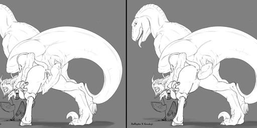 animal_genitalia anthro anthro_on_feral anthro_penetrated anus ass_up bestiality breasts claws climbing_on duo erection female female_on_feral female_penetrated feral feral_penetrating feral_penetrating_anthro from_behind_position genital_slit genitals horn imminent_sex knot larger_male looking_back male male/female male_on_anthro male_penetrating male_penetrating_female mounting multiple_angles nipples open_mouth penetration penile penile_penetration penis penis_in_vagina raised_leg raised_tail sex size_difference smaller_female smaller_penetrated step_pose step_position tail tail_anus thick_tail tongue tongue_out totem vaginal vaginal_penetration vulva karukuji redraptor16 blizzard_entertainment warcraft bovid bovine dinosaur dromaeosaurid mammal prehistoric_species reptile scalie tauren theropod velociraptor artist_collaboration black_and_white greyscale hi_res monochrome