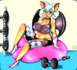 anthro bat big_breasts blue_eyeshadow bodily_fluids bottomwear breasts choker cleavage clothed clothing dumbbell ear_piercing ear_ring exercise exercise_ball eyeshadow female green_eyes gym huge_breasts jewelry makeup mammal membrane_(anatomy) membranous_wings midriff navel necklace nipple_outline panties piercing rar1990 ring_piercing rouge_the_bat sega shirt shorts sitting sitting_on_ball solo sonic_the_hedgehog_(series) sweat tank_top topwear underwear weights wings