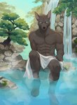 abs anthro bedding biceps blanket blanket_only detailed_background forest fur looking_at_viewer male muscular muscular_anthro muscular_male nipples outside pecs plant river sitting solo tree water qimichu league_of_legends riot_games tencent nasus_(lol) anubian_jackal canid canine canis humanoid jackal mammal hi_res