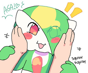 blush blush_lines blush_stickers disembodied_hand duo face_squish female first_person_view hair hair_over_eye human_pov humanoid_pointy_ears pointy_ears pov_hands simple_background squish white_background melfunnysmell nintendo pokemon gaba_(melfunnysmell) gardevoir generation_3_pokemon human humanoid mammal pokemon_(species)