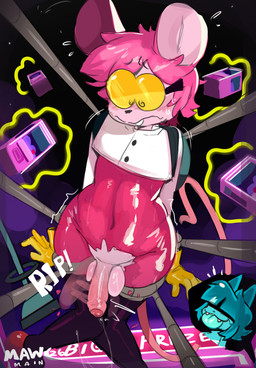 anthro arms_tied balls belly big_balls big_penis blep blue_body blue_ears blue_hair blue_skin blue_tongue bodily_fluids bodysuit bouncing_penis bound buckteeth clothing coat crop_top crossgender curvy_figure cute_fangs detailed_background duo erection eyewear fangs femboy floating_object foreskin frown ftm_crossgender genital_fluids genitals glans glasses glistening glistening_balls glistening_bodysuit glistening_clothing glistening_genitalia glistening_hair glistening_latex glistening_penis glistening_skinsuit glistening_tongue gloves hair handwear humanoid_genitalia humanoid_penis lab_coat latex latex_bodysuit latex_clothing latex_skinsuit legs_tied long_tail machine male motion_blur navel_outline nervous nervous_sweat nude open_mouth partially_retracted_foreskin penile penis pink_balls pink_body pink_bodysuit pink_clothing pink_ears pink_glans pink_inner_ear pink_penis pink_skin pink_skinsuit pink_tail precum precum_squirt precum_string robotic_arm round_glasses shirt skinsuit slightly_chubby slightly_chubby_anthro slightly_chubby_male smile solo_focus spiral spiral_eyes sweat sweatdrop sweaty_face swinging_penis tail teeth text thick_thighs tight_clothing tight_skinsuit tongue tongue_out topwear torn_bodysuit torn_clothing torn_skinsuit vending_machine wide_hips yellow_clothing yellow_eyewear yellow_glasses yellow_gloves yellow_handwear mawmain goommy_(goommymuffin) muffin_(goommymuffin) domestic_cat felid feline felis ghost mammal mouse murid murine rodent spirit 2026 3:4 absurd_res artist_name colored dated digital_drawing_(artwork) digital_media_(artwork) english_text hi_res shaded signature