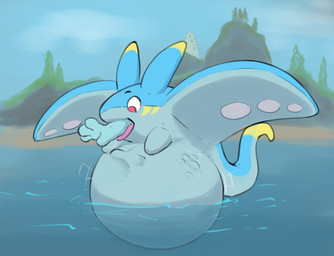 beach belly blue_body hand_in_mouth oral_vore red_eyes simple_background swallowed_alive swallowing vore water sarek_aran_desian palworld pocketpair aquatic fish manta_ray ray_(fish)