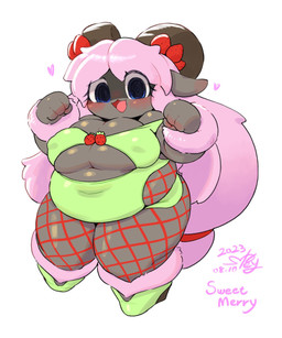 2_horns 4_fingers accessory anthro big_breasts biped blue_eyes blush blush_lines breasts clothed clothing curled_horn eyelashes female fingers fishnet_clothing footwear front_view glistening green_clothing grey_body hair hair_accessory hair_tie heart_symbol high_heels horn long_hair looking_at_viewer navel_outline nipple_outline open_mouth open_smile overweight overweight_anthro overweight_female pink_hair pose shoes simple_background smile solo standing text thick_thighs tuft wedge_(footwear) white_background wide_hips keyhat_tk10 bovid caprine mammal sheep 2023 character_name dated digital_drawing_(artwork) digital_media_(artwork) hi_res signature