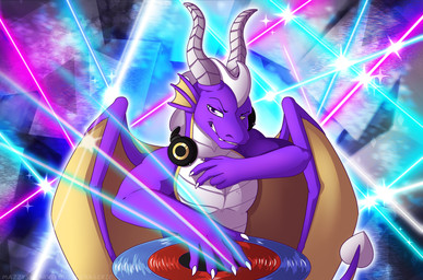 anthro claws clothing disc_jockey electronics headphones holding_object horn laser laser_beam looking_at_viewer male nude smile solo tail teeth_showing topwear wings chaoticmazzy mythology dragon mythological_creature mythological_scalie scalie absurd_res digital_media_(artwork) hi_res