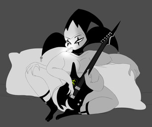 4_arms black_clothing black_footwear black_socks cigarette cigarette_in_mouth clothing electric_guitar empty_eyes footwear grey_background guitar male multi_arm multi_limb musical_instrument object_in_mouth pillow plucked_string_instrument simple_background socks solo string_instrument white_eyes kirkland897 hellaverse helluva_boss mammon_(helluva_boss) demon humanoid 2023 digital_drawing_(artwork) digital_media_(artwork) hi_res