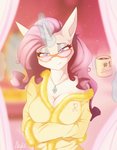 anthro bathrobe big_breasts breasts cleavage clothed clothing container cup curtains eyewear female glasses horn jewelry magic necklace off_shoulder robe solo telekinesis text akylie friendship_is_magic hasbro my_little_pony mythology rarity_(mlp) equid equine mammal mythological_creature mythological_equine unicorn digital_media_(artwork) english_text hi_res shaded